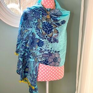 Blue Floral Scarf with Yellow Fringe